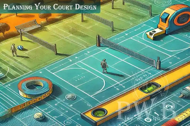 An illustration depicting the planning phase of an outdoor volleyball court. Also, the image covers the title 'Planning Your Court Design'